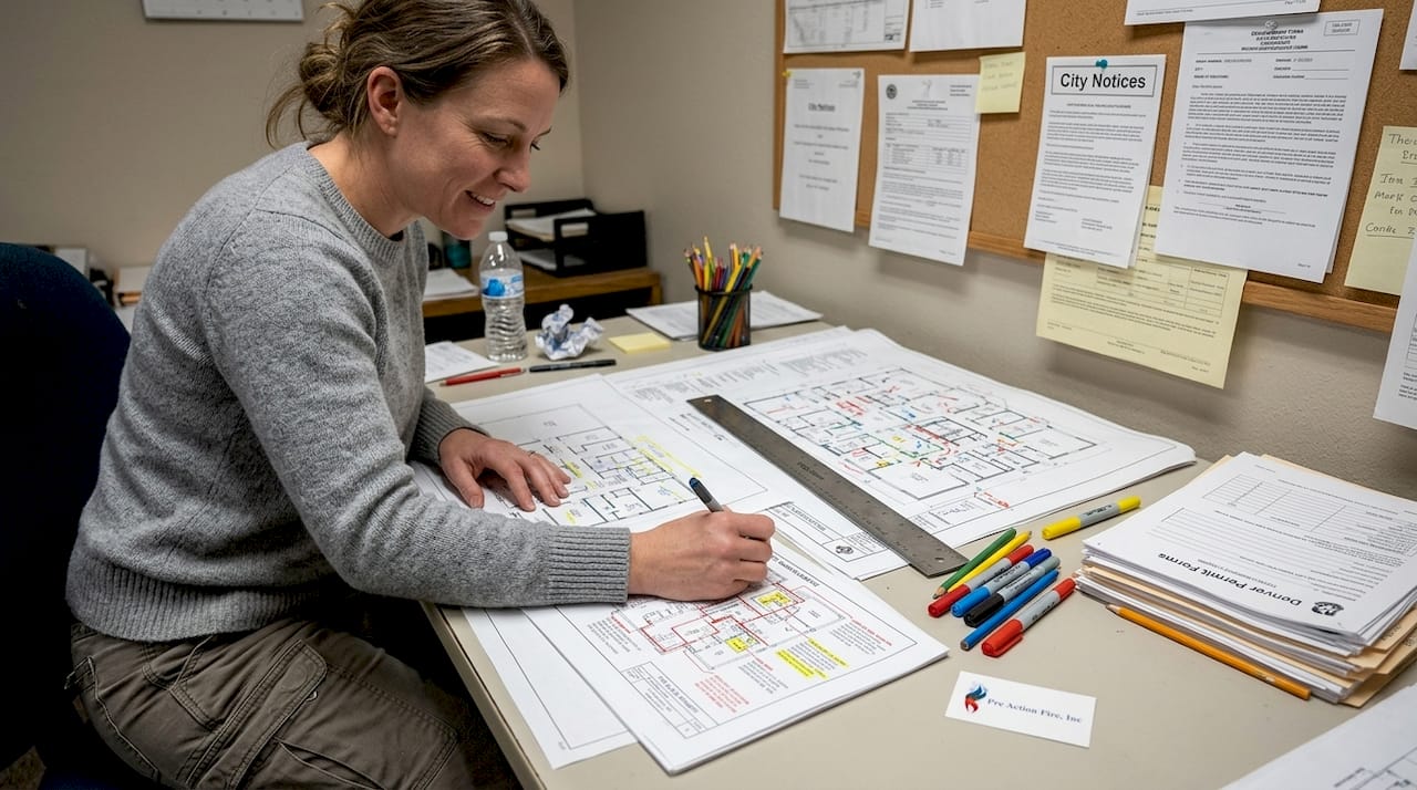 Designer reviews annotated fire protection system plans