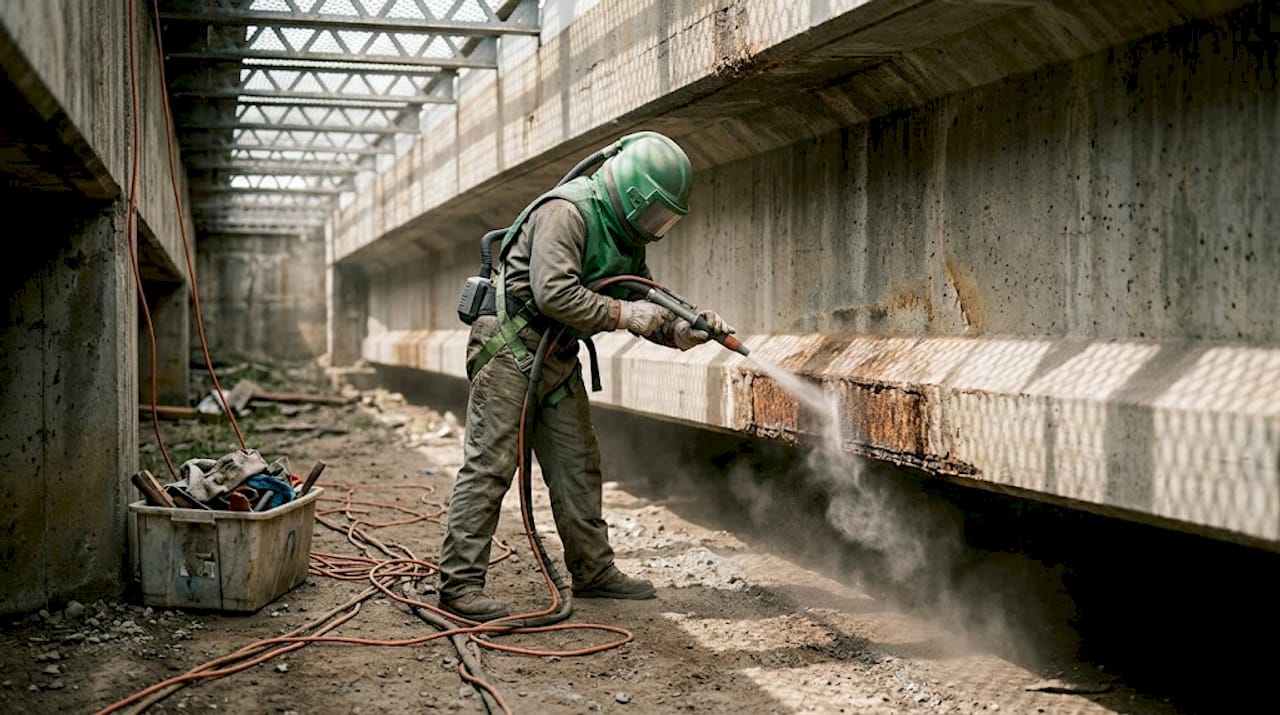Technician sandblasting bridge beam with PPE