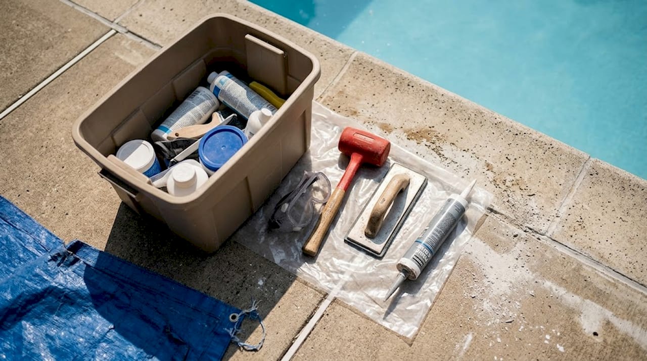 Pool coping repair tools on pool deck