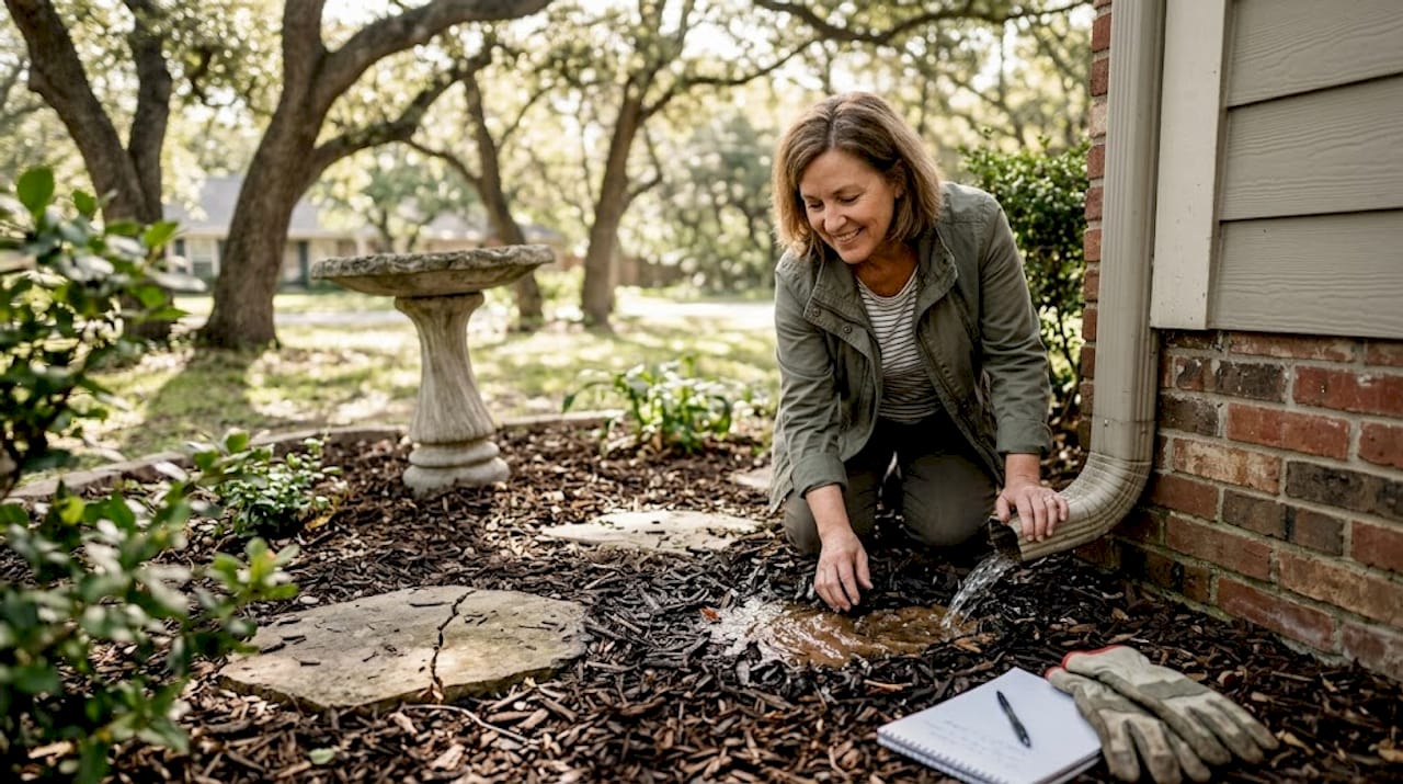 Checking downspout drainage in garden bed