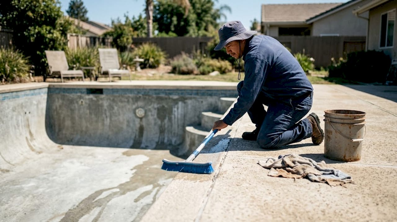 Technician brushing drained pool plaster surface