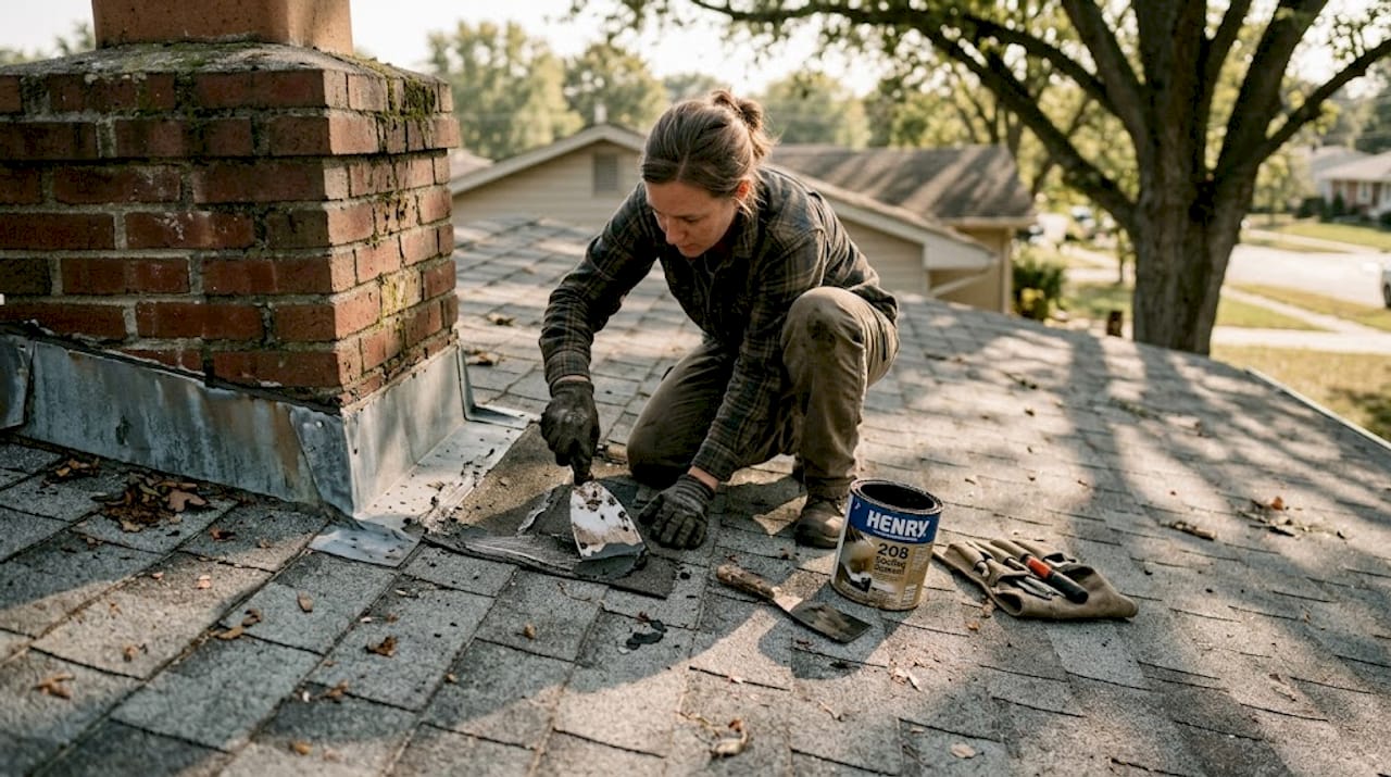 Hands applying roofing cement on flashing
