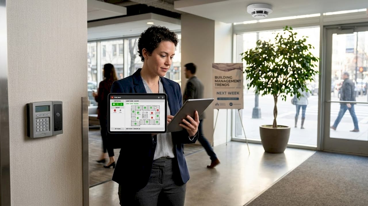 Manager checking fire detector map in lobby