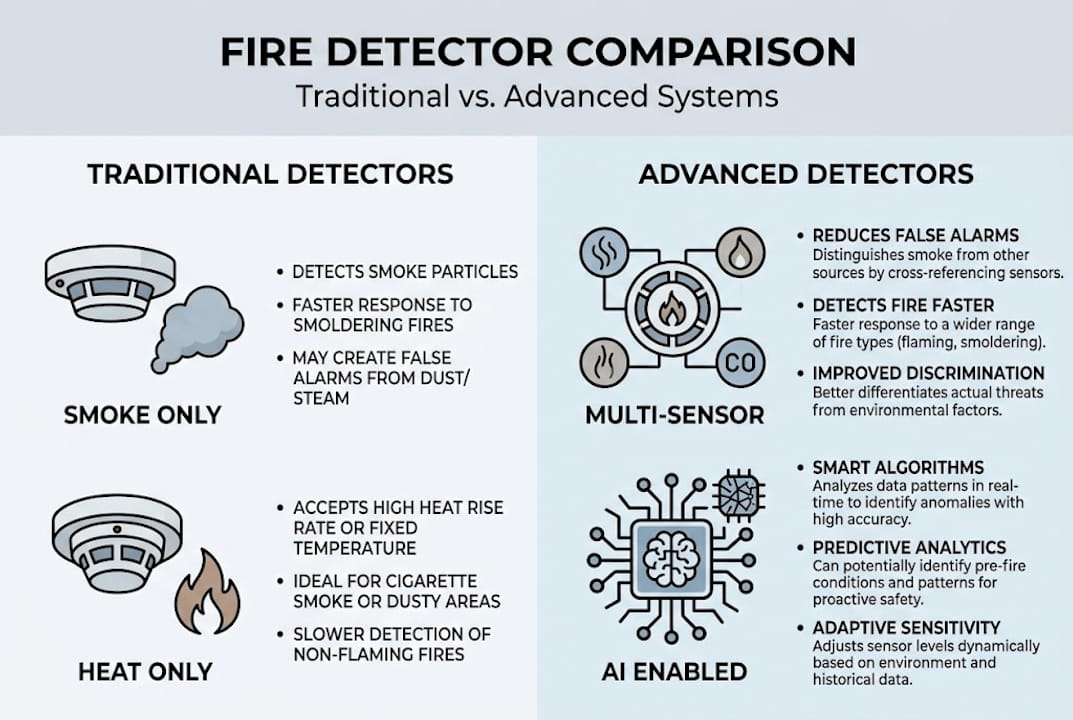 Infographic comparing advanced and traditional fire detectors