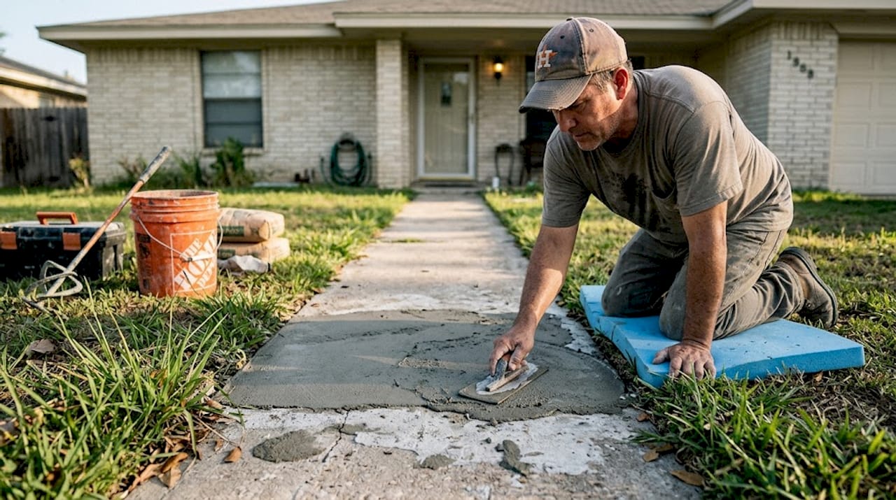 Worker resurfacing cracked concrete walkway outside home