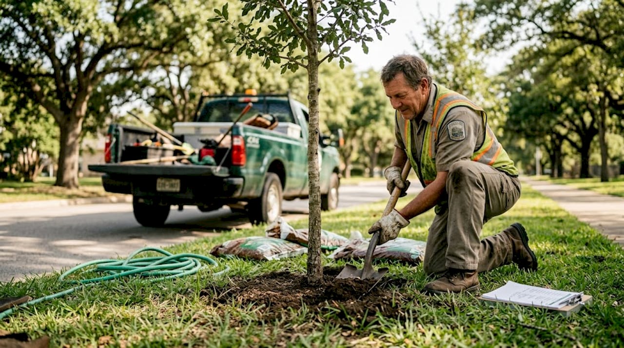 Municipal worker plants young live oak