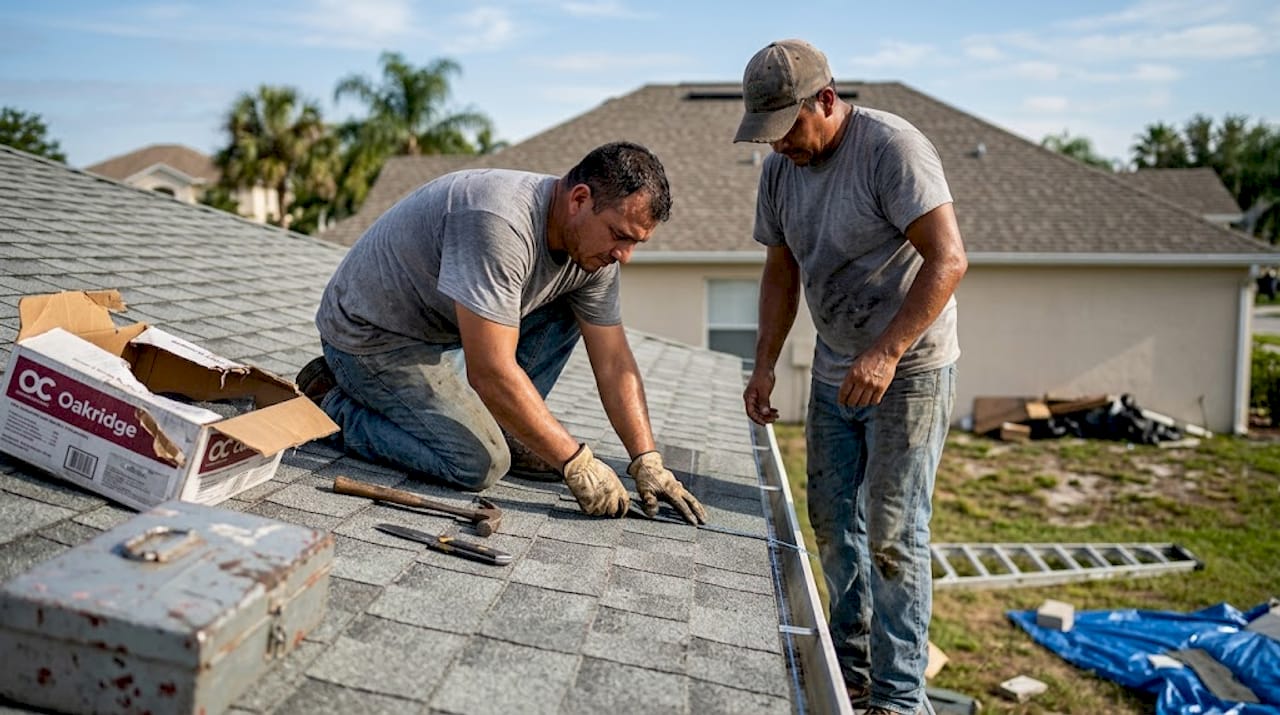 Team of roofers installing new shingles