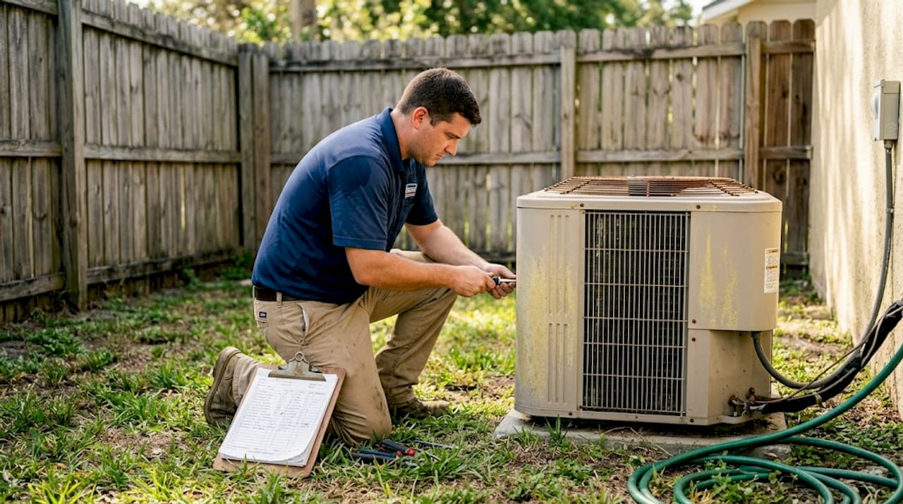 Technician checking outdoor AC unit