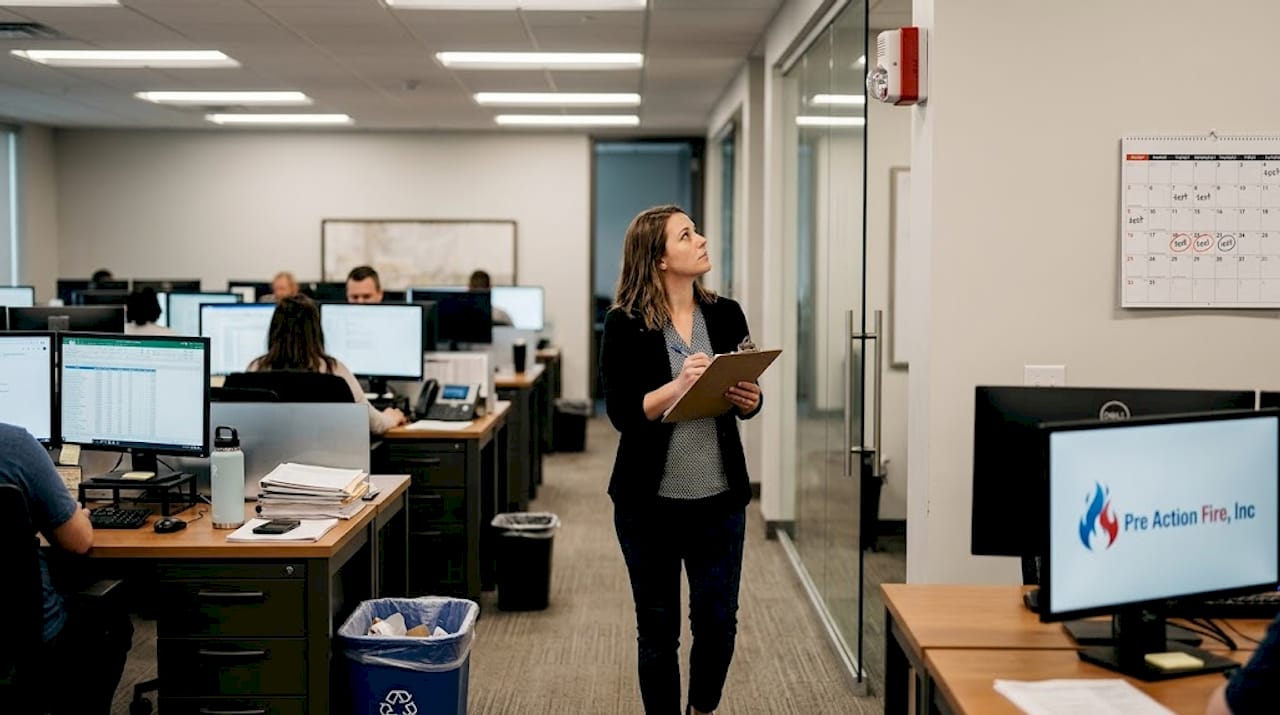 Manager reviewing fire alarm device placement