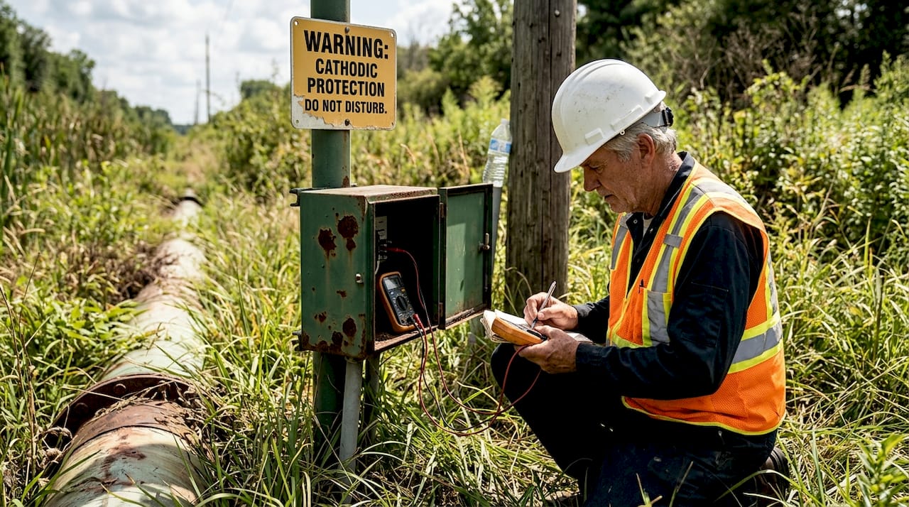 Technician checks cathodic protection equipment