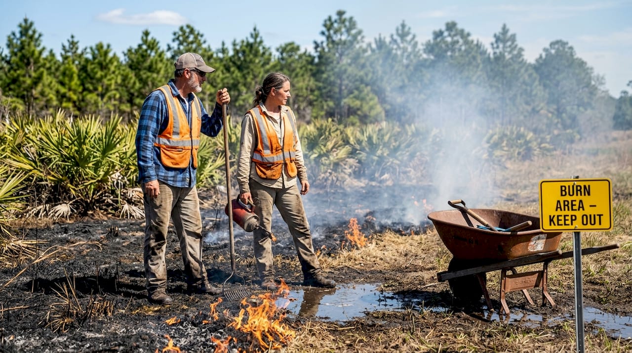 Controlled burn land clearing monitored by workers