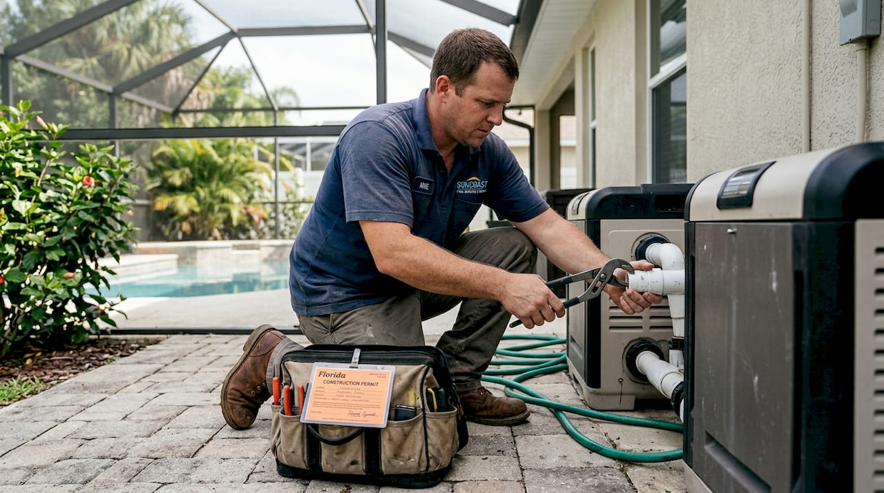 Pool contractor installs heater equipment outdoors
