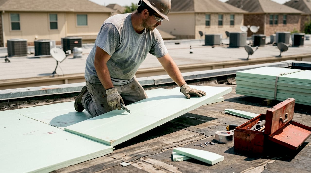 Contractor installing insulation on flat roof