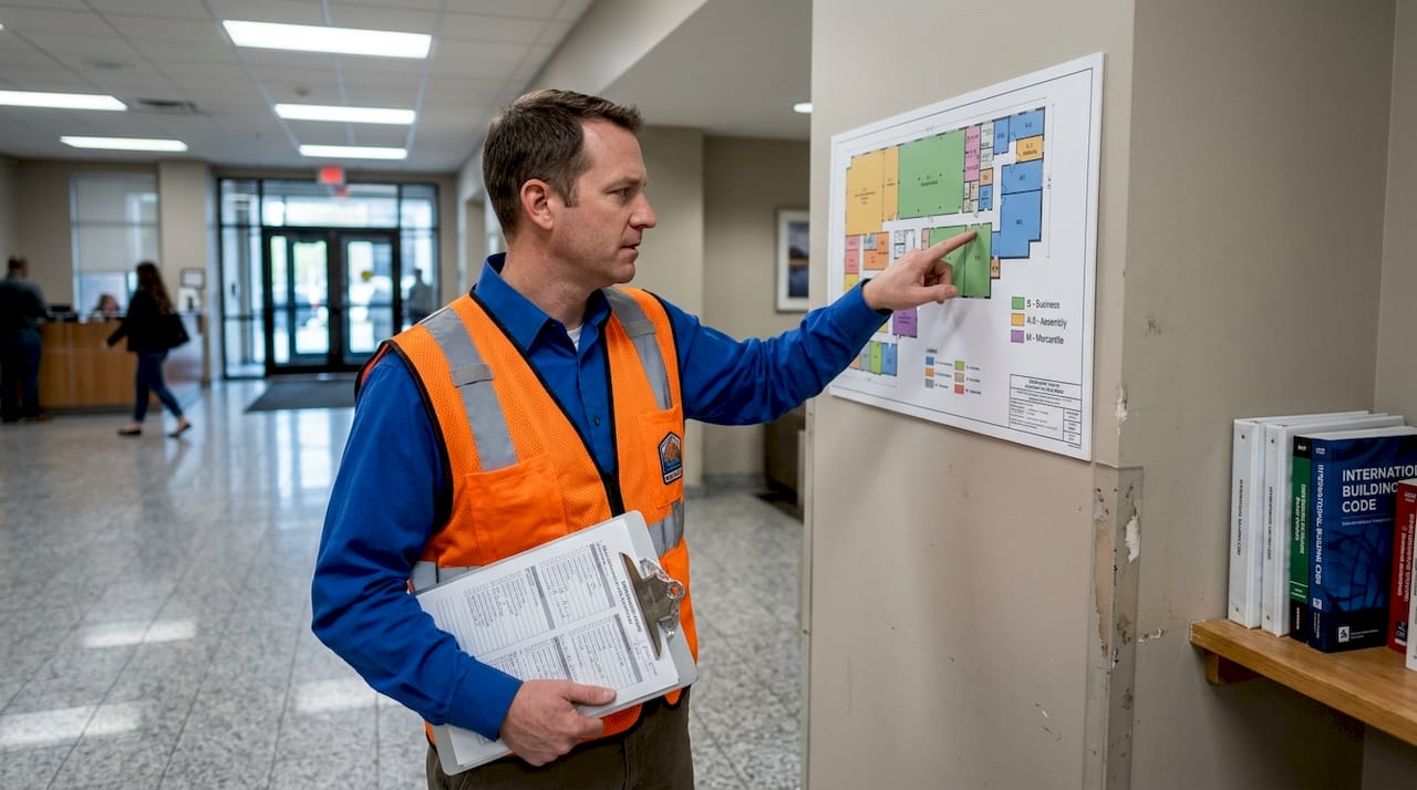 Building inspector reviewing coded occupancy plan