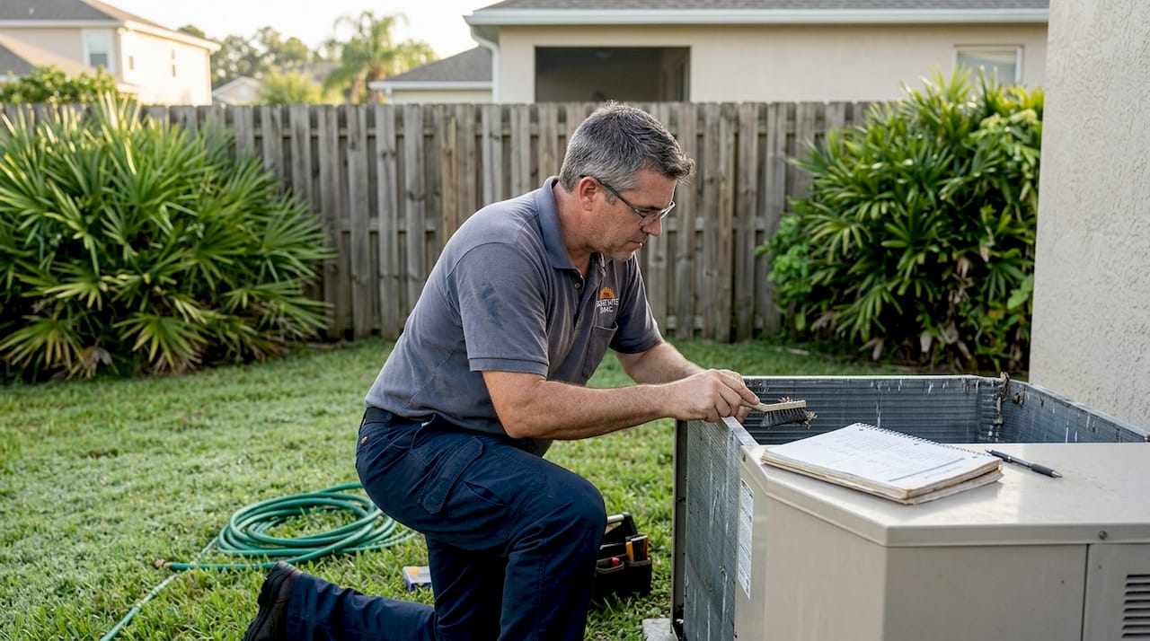 Technician cleaning outdoor AC unit backyard