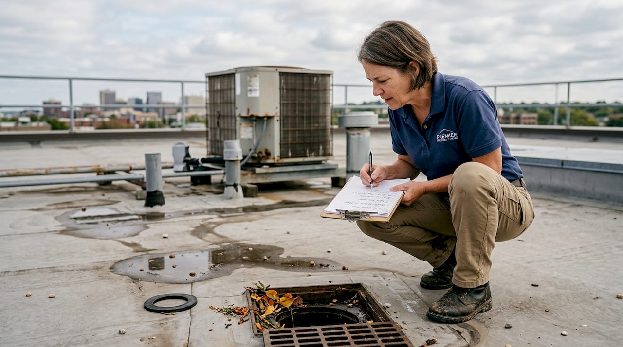 Manager inspecting roof drainage with clipboard