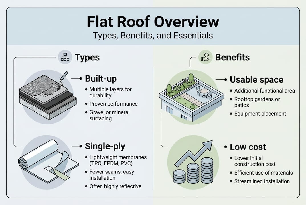 Infographic showing flat roof types and benefits