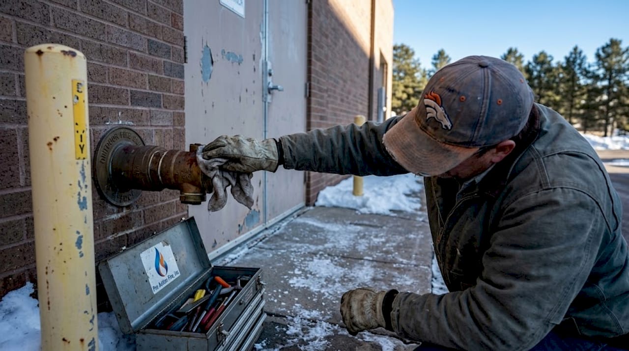 Technician examines outdoor fire safety connection