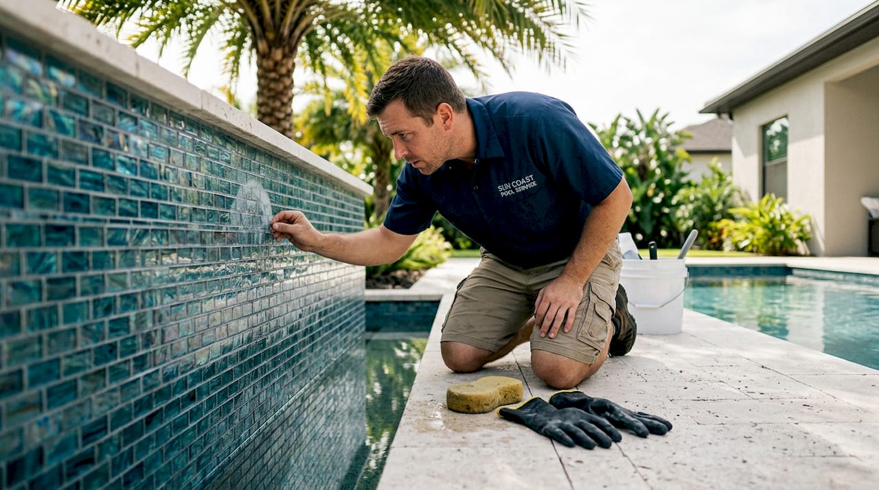 Technician inspects glass mosaic pool tile
