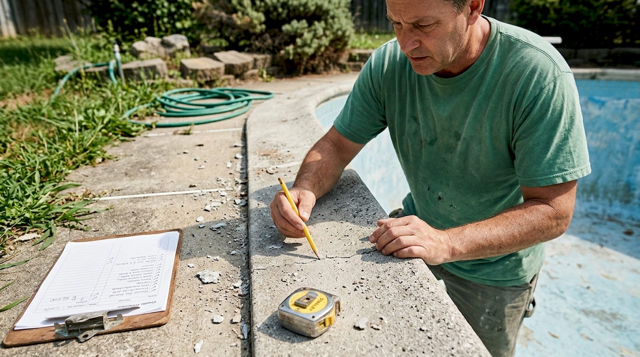 Contractor checking pool bond beam for cracks