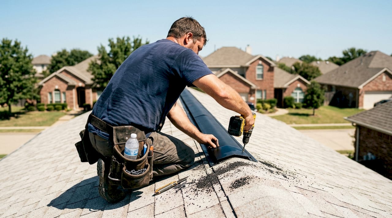 Technician installing ridge vent on shingled roof