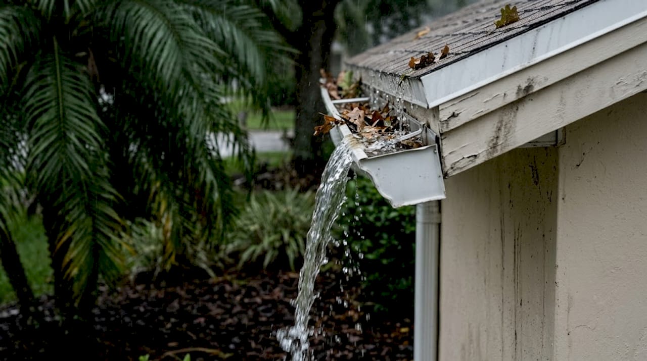 Rainwater overflows from clogged house gutter