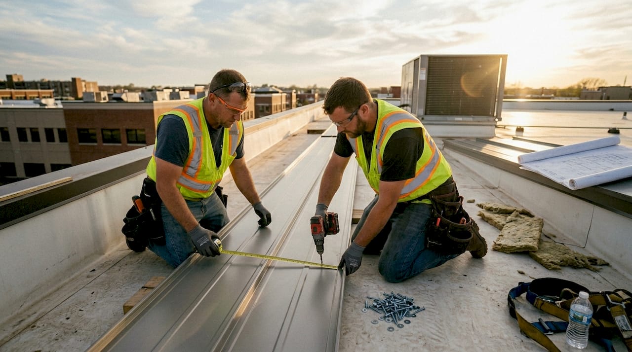 Roofers installing office building metal roof