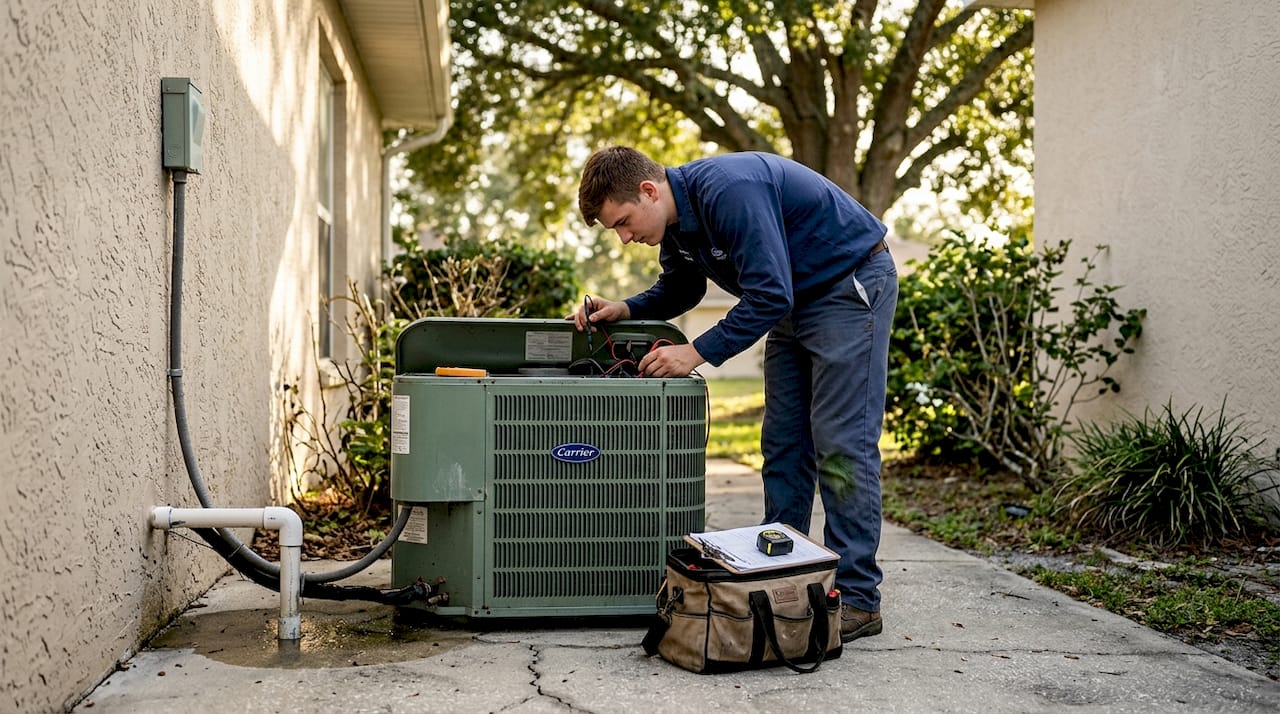 HVAC technician tuning up outdoor AC unit