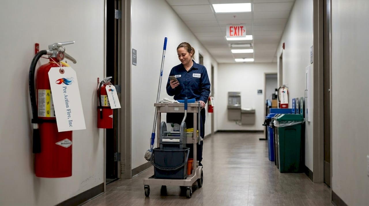 ABC extinguisher in busy office hallway