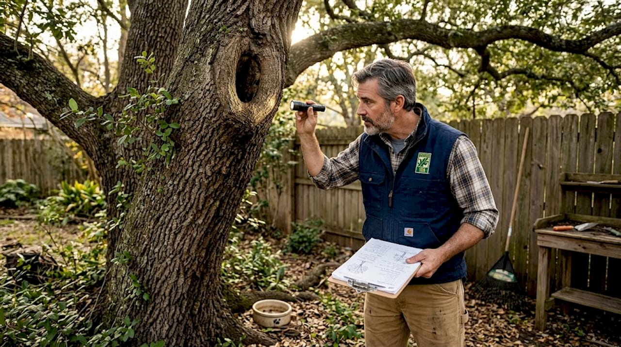 Arborist inspecting tree trunk cavity