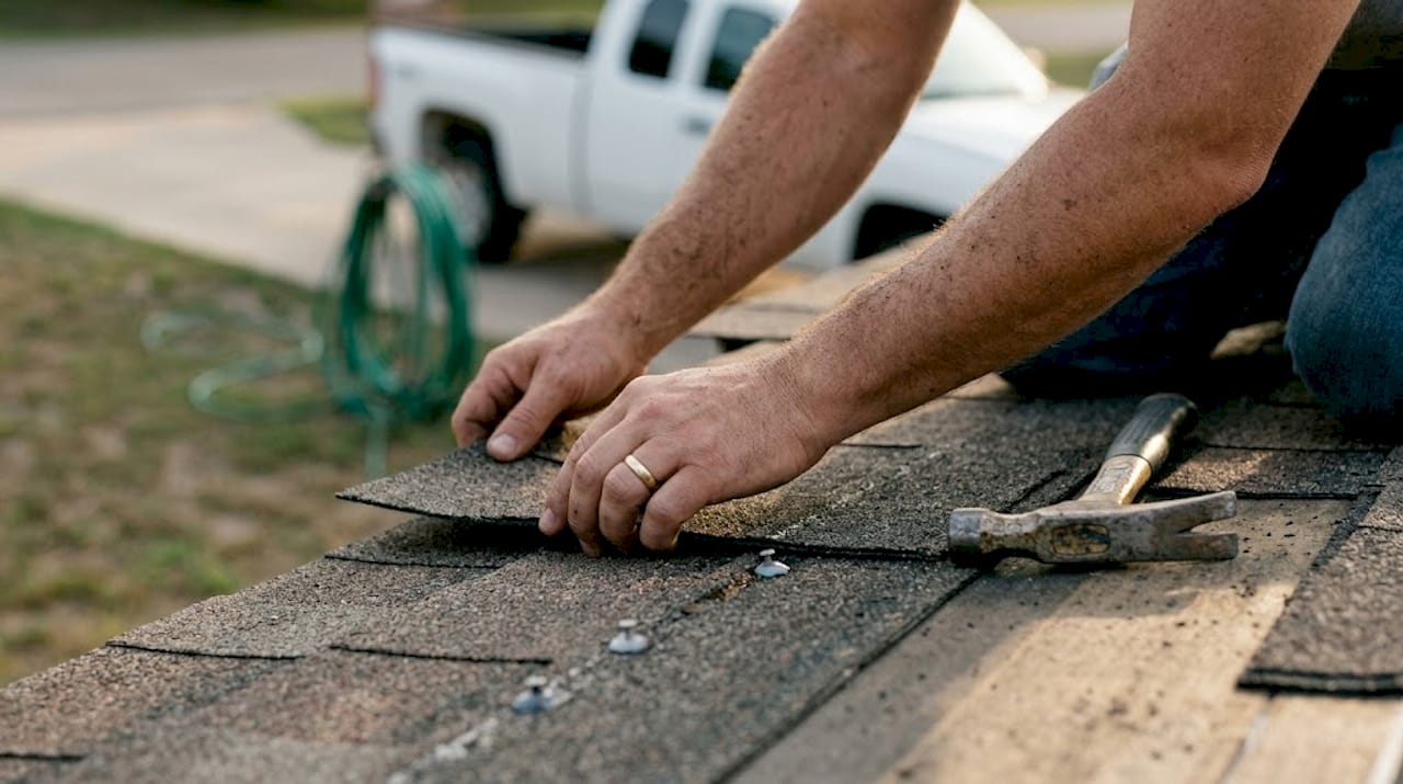 Hands installing storm-resistant shingle on roof