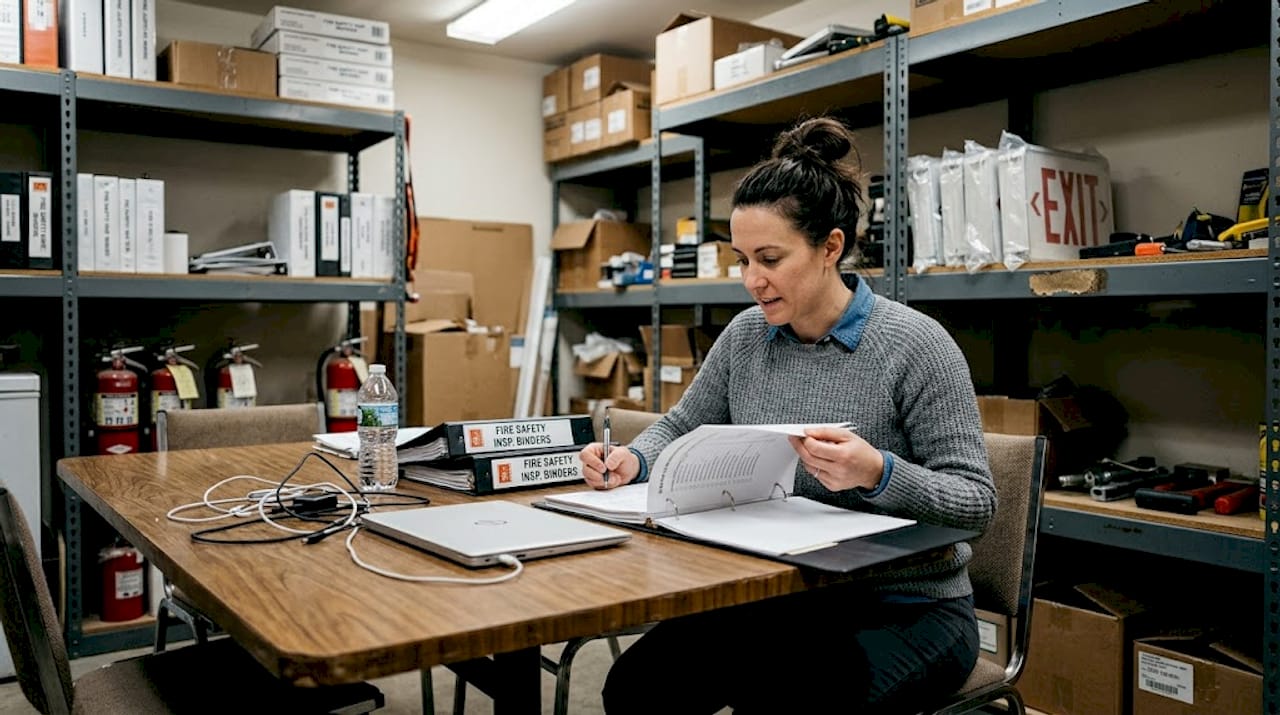 Coordinator organizing fire inspection binders in supply room
