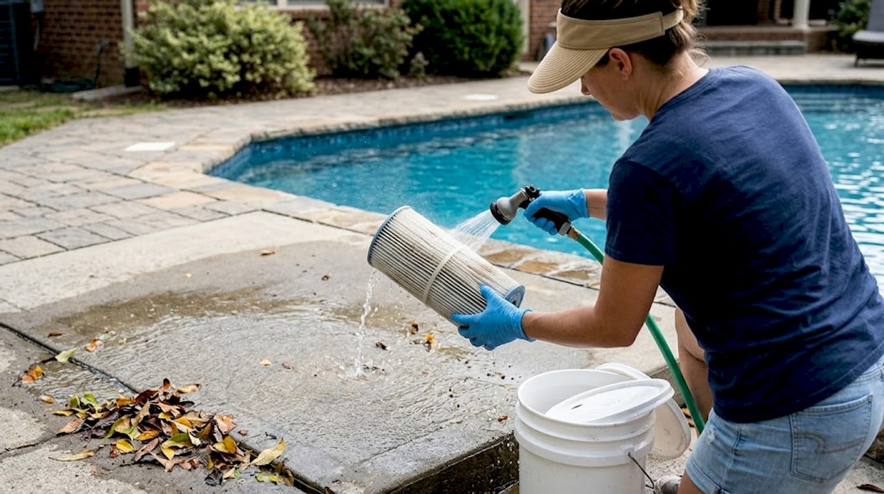 Woman rinsing cartridge pool filter outdoors