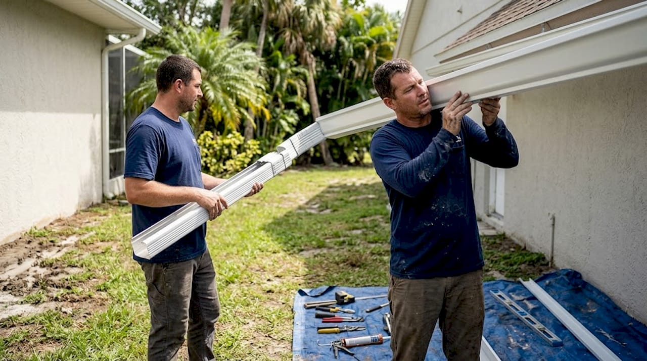 Installers comparing gutter types at home