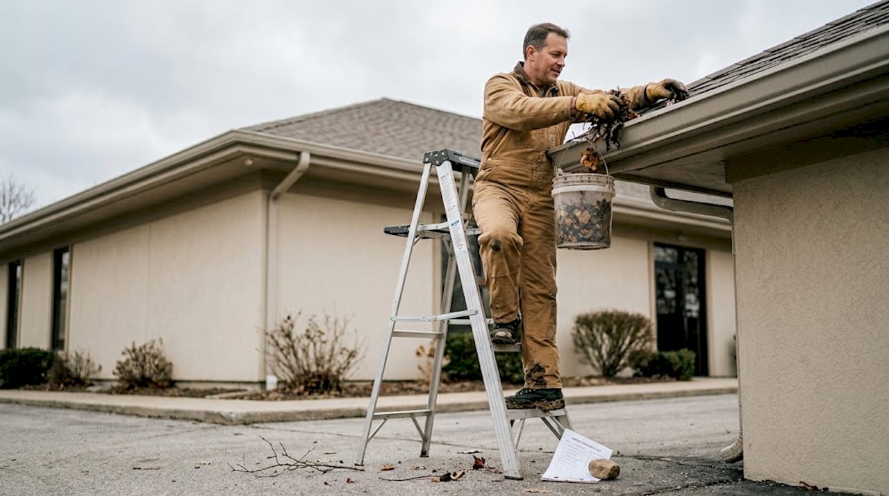 Maintenance worker clears gutters on commercial property