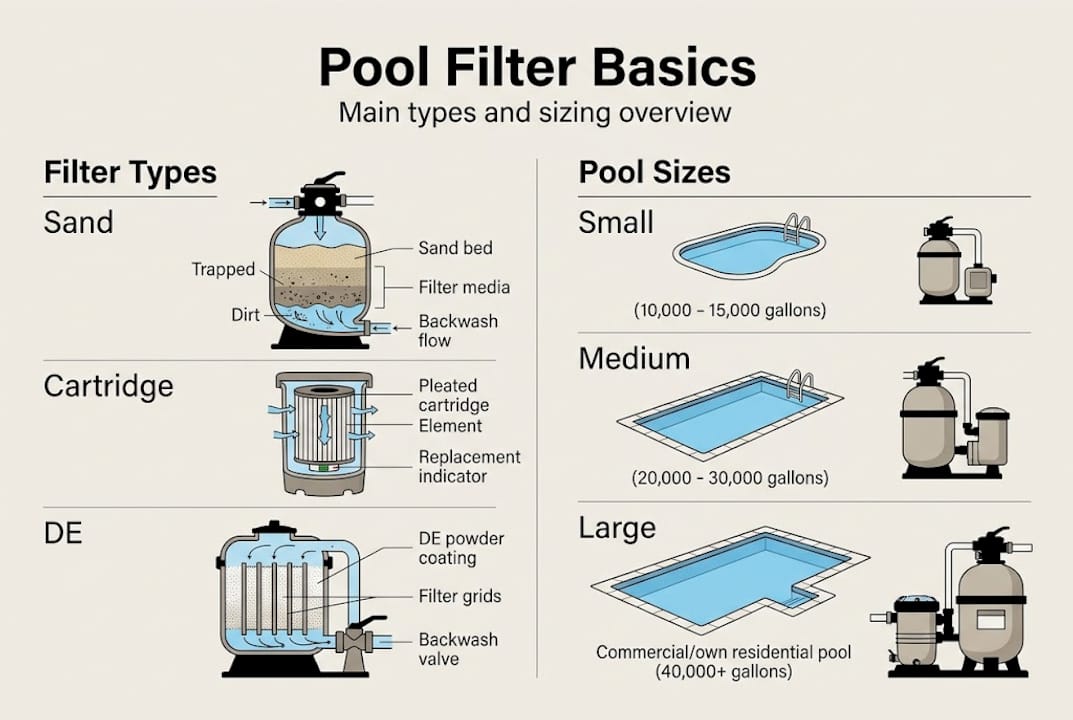 Infographic of pool filter types and sizing