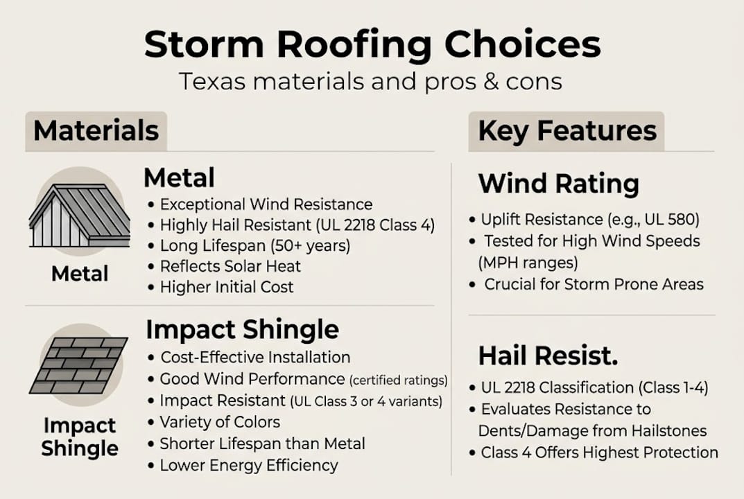 Infographic comparing storm-resistant roof types for Texas