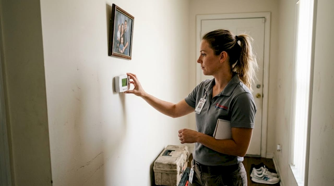 HVAC technician adjusting home digital thermostat