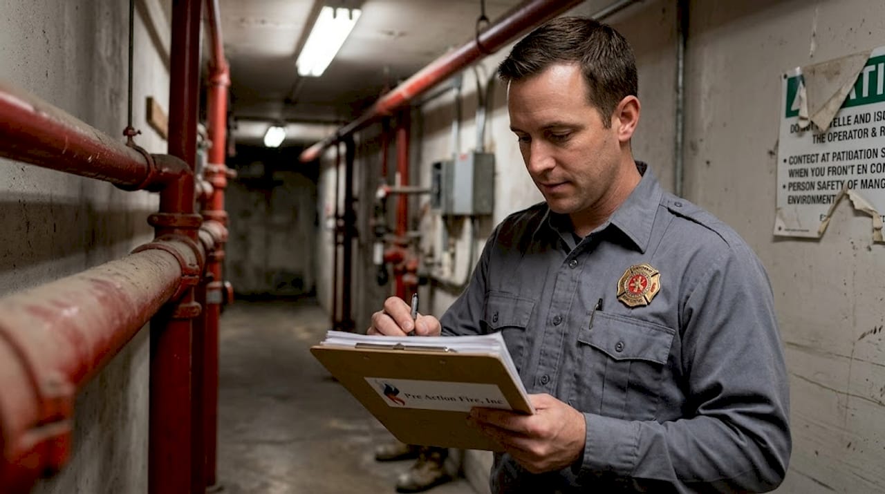 Fire inspector checking sprinkler system credentials