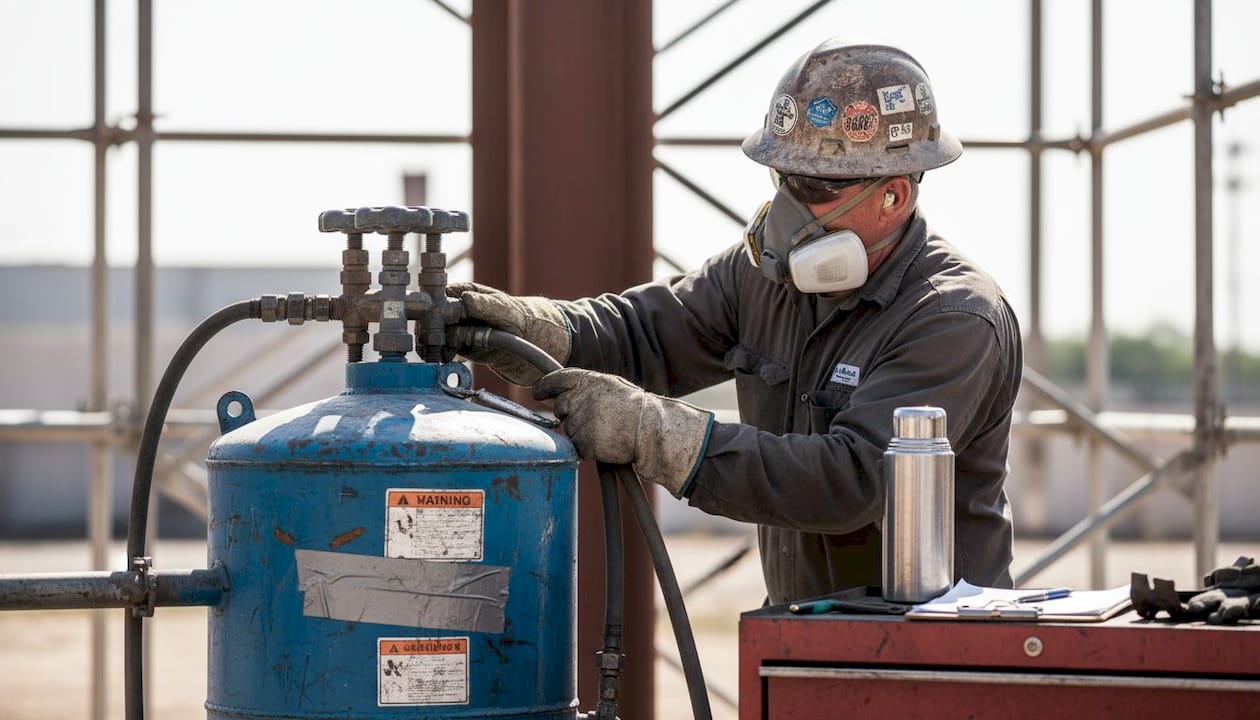 Worker inspecting pressure-feed sandblasting pot