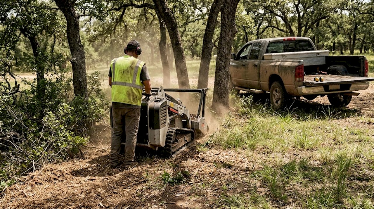 Landscaping crew mulches cleared brush pile