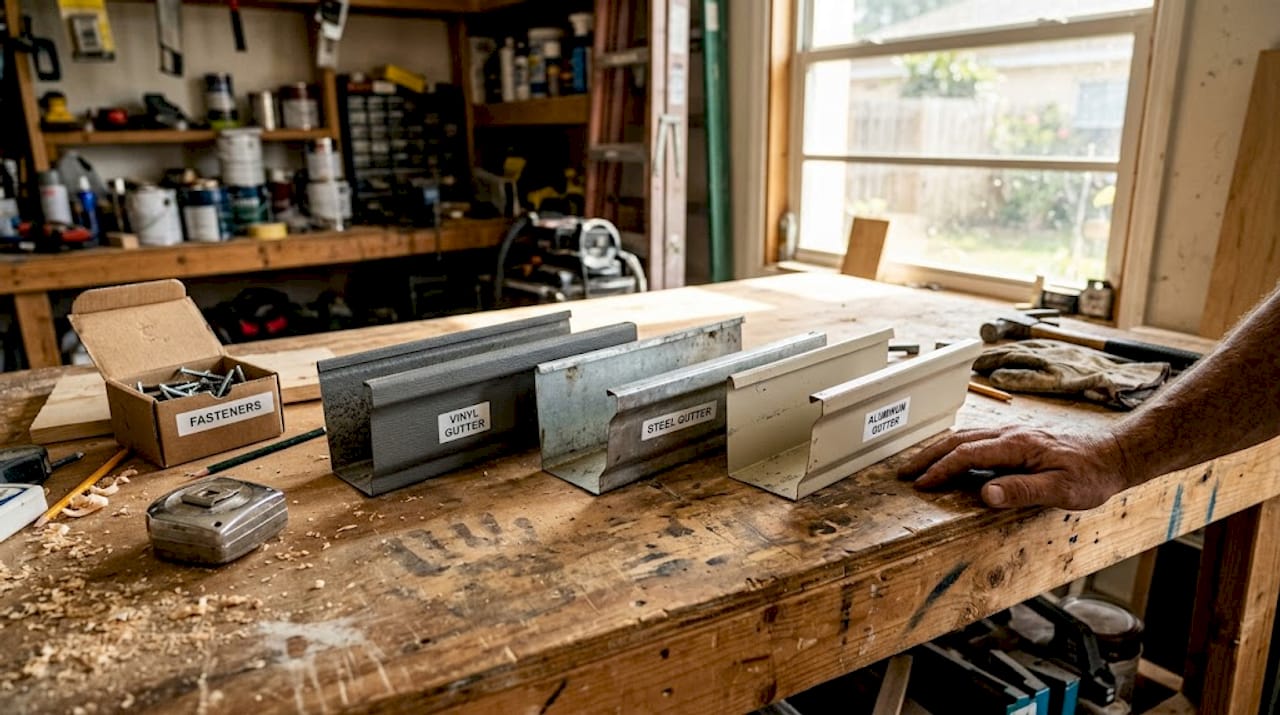 Three labeled gutter material samples on workbench