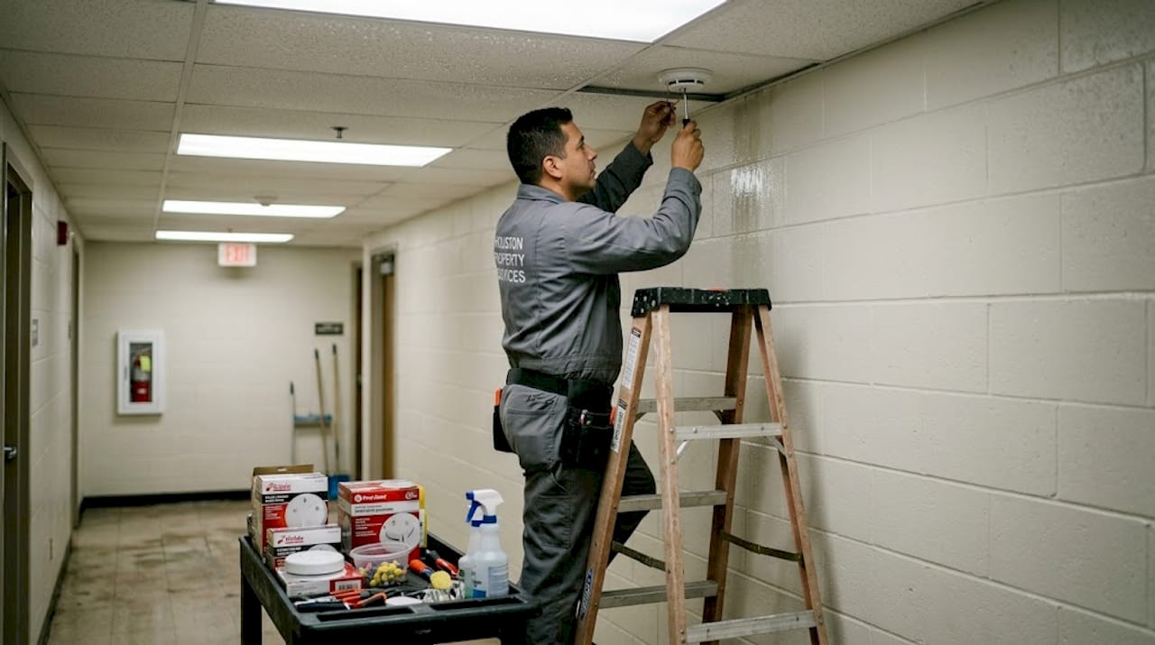 Worker inspects smoke detector condensation