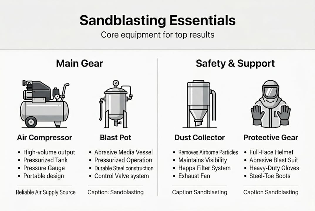 Infographic showing main sandblasting equipment types