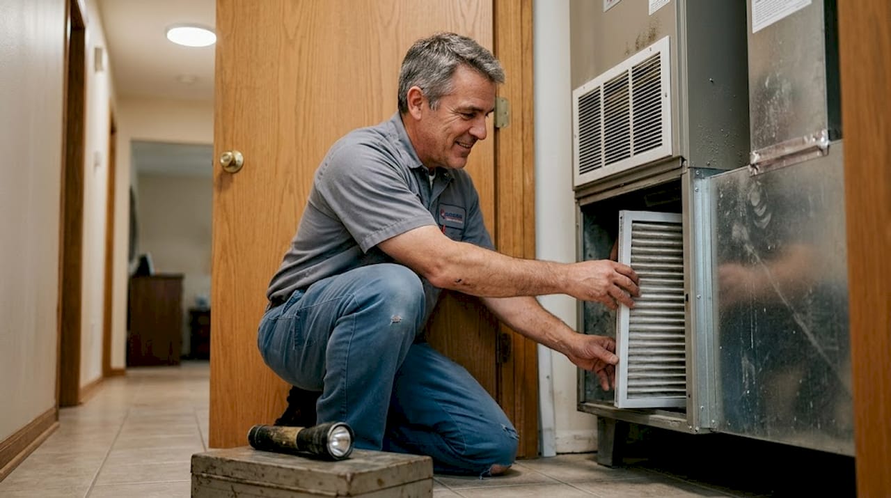 Technician changing home air filter