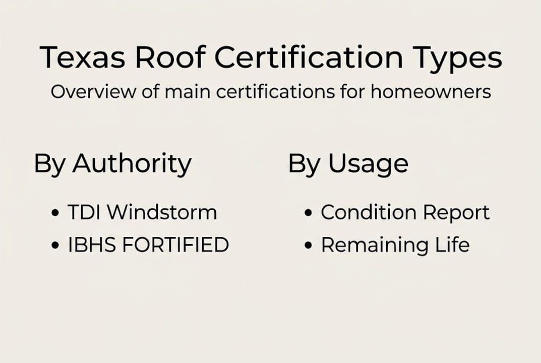 Infographic showing Texas roof certification types