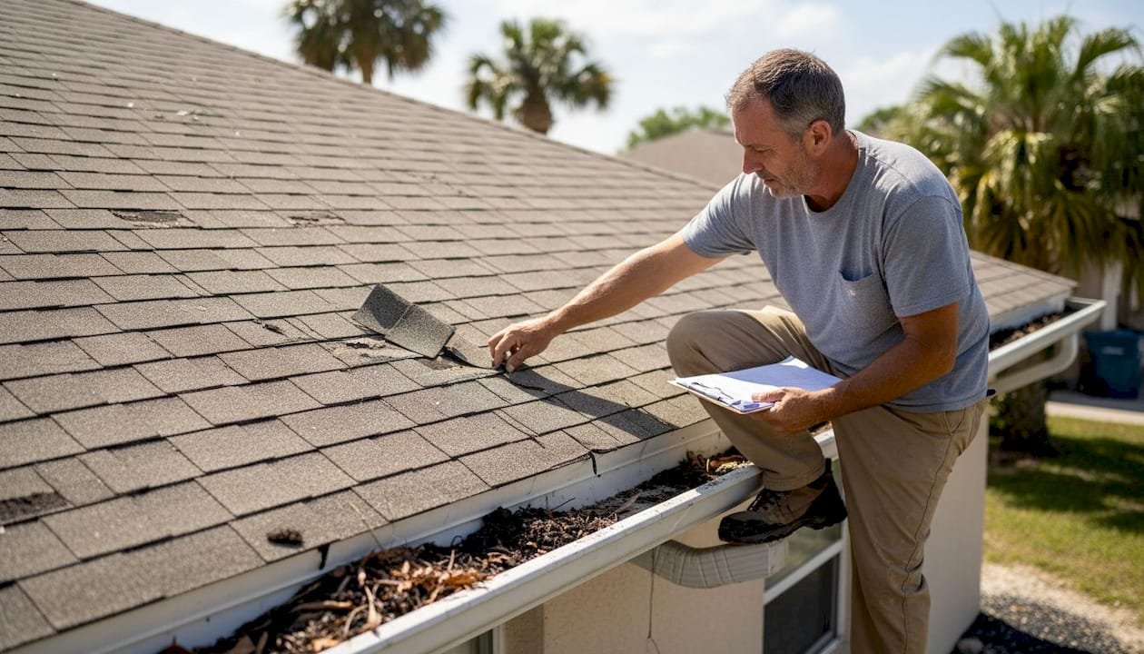 Contractor inspecting damaged roof shingles