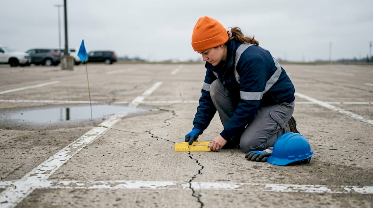 Engineer checking pavement crack outdoors