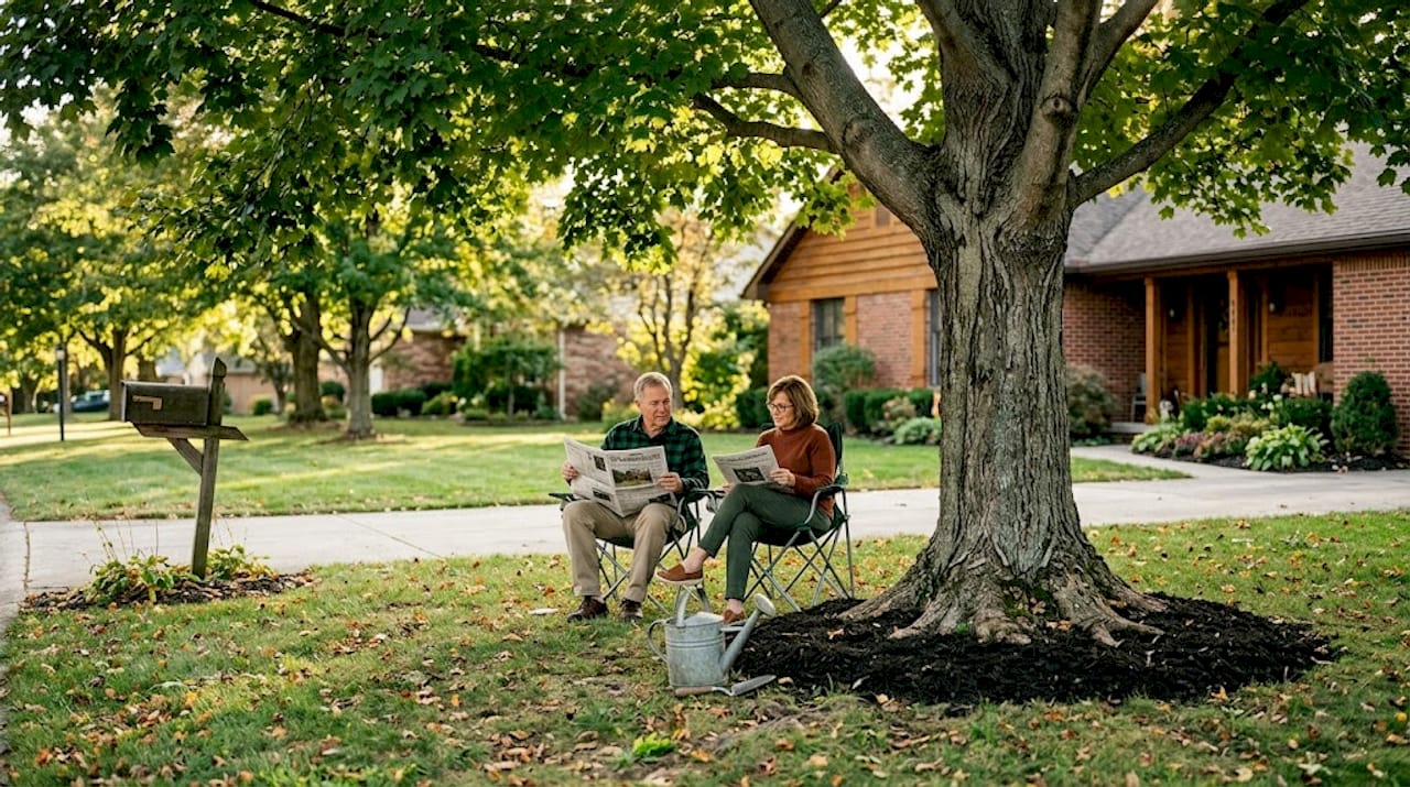 Couple relaxing under mature tree at home