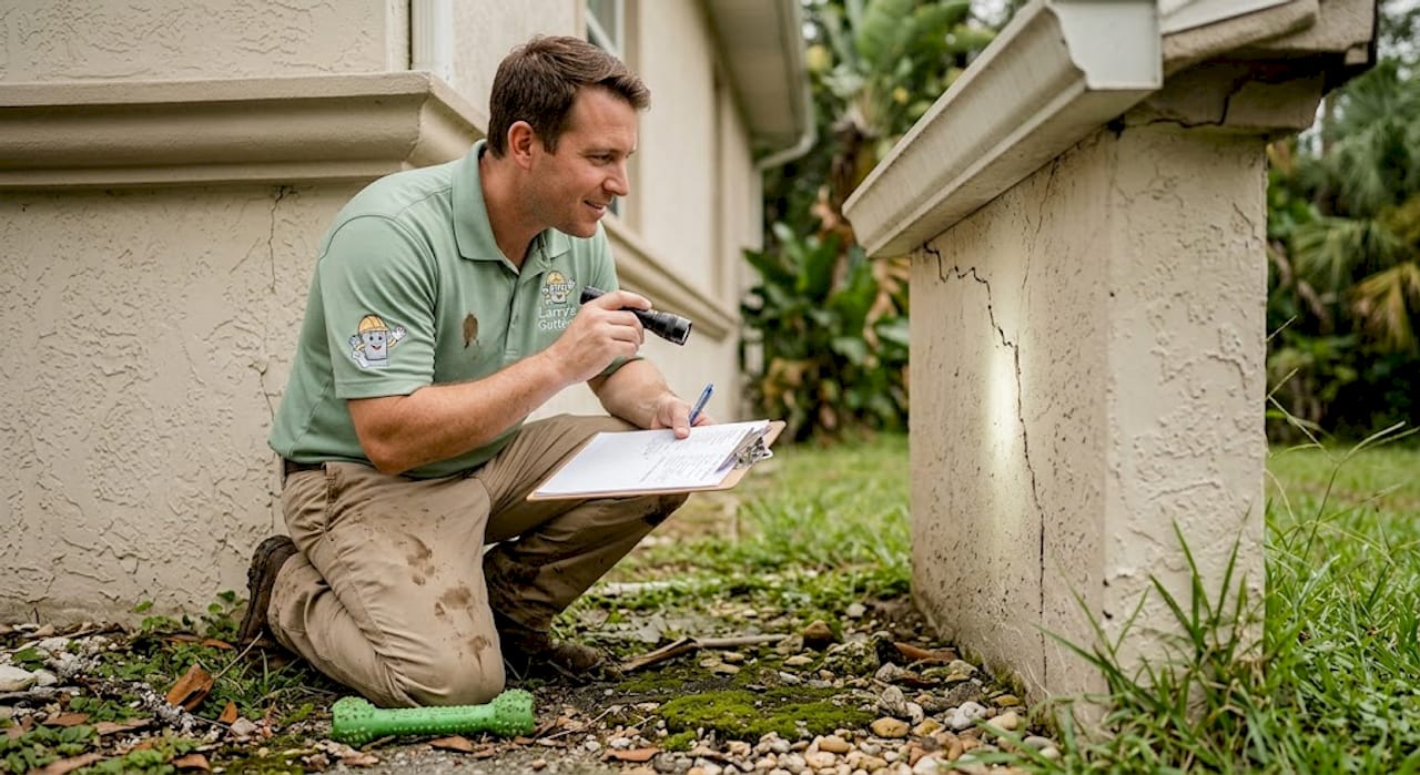 Technician checking foundation cracks near gutter